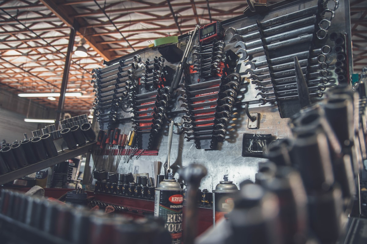 Wall of hand tools in the Ironline Auto Body garage